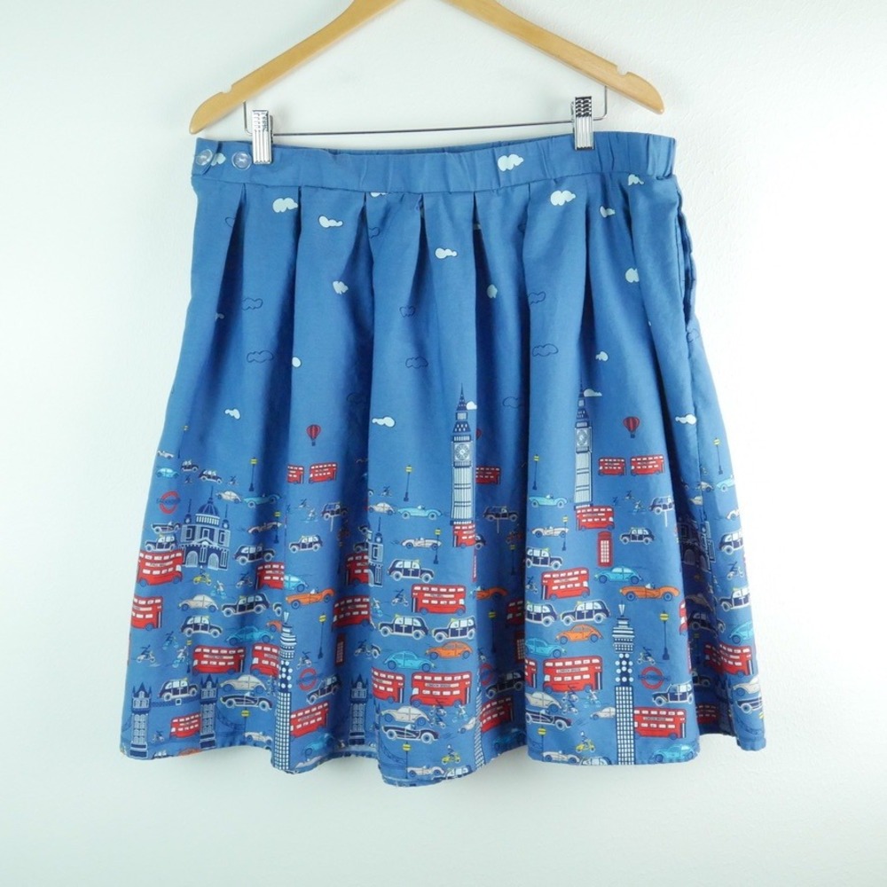 London Novelty Print Pleated A-Line Skirt Blue Big Ben Bus Pockets 2XL Whimsical
